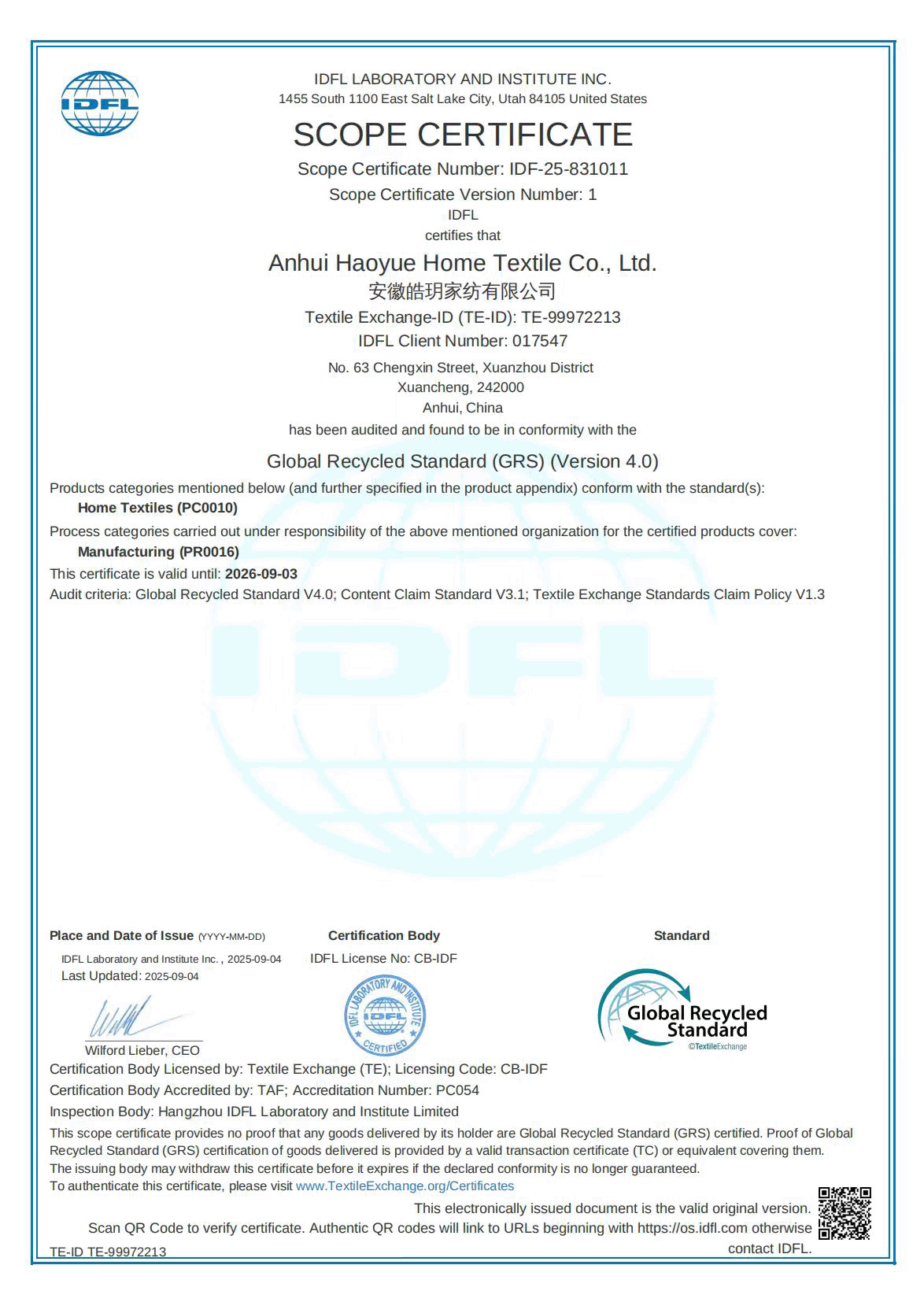 SCOPE CERTIFICATE ANHUI