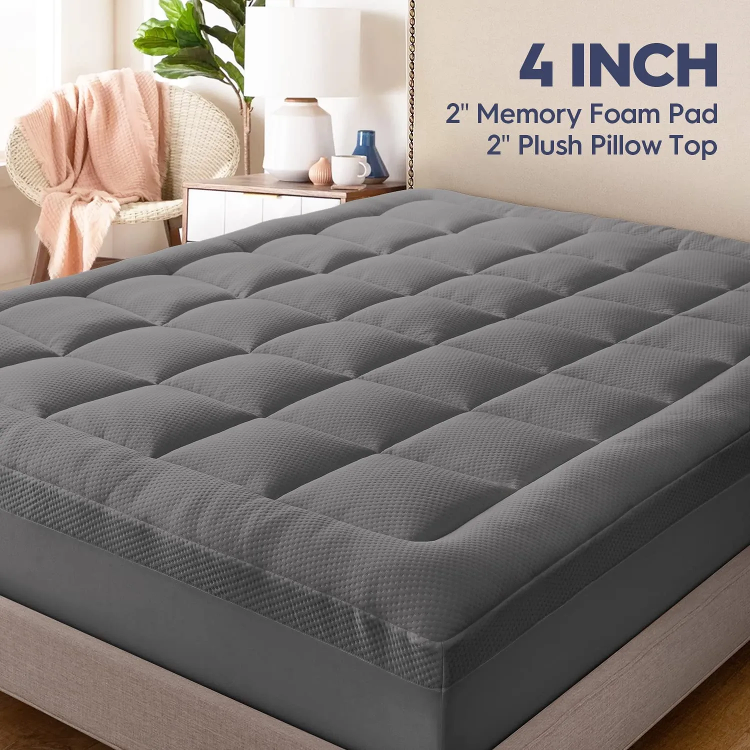 Colored Bamboo Quilted Charcoal Infused Memory Foam Mattress Topper